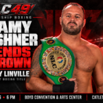 Jeramy Karshner holds his NLC championship belt beside challenger Jeremy Linville in a graphic promoting their NLC 49 heavyweight boxing title fight.